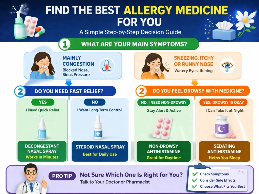 Allergic rhinitis treatment flowchart showing how to choose the best allergy medicine based on symptoms, relief speed, and drowsiness preference