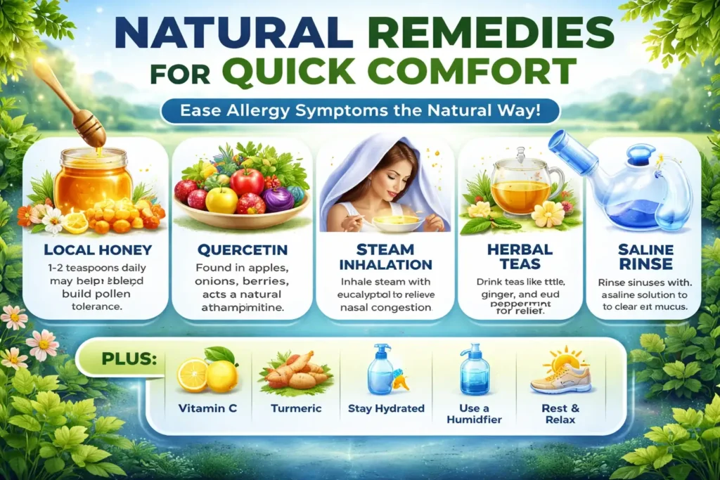 Infographic showing natural remedies for allergic rhinitis including steam inhalation herbal teas hydration and saline rinse for quick comfort and symptom relief