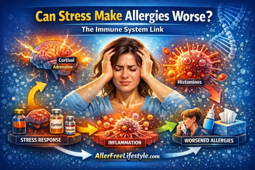Illustration showing how stress can worsen allergies through immune system activation, cortisol, histamine release, inflammation, and stronger allergy symptoms.