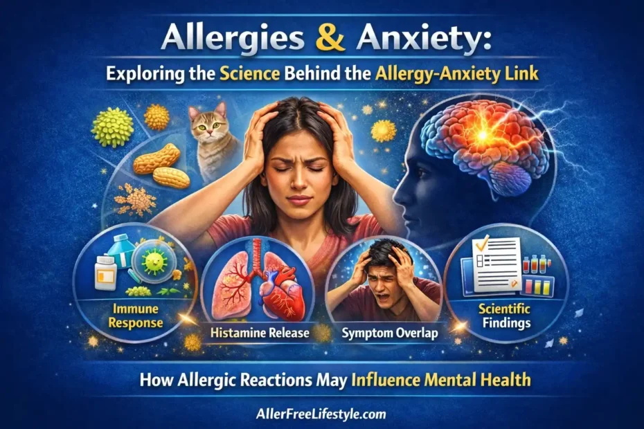 Infographic explaining the link between allergies and anxiety. It shows a woman experiencing allergy symptoms with icons representing common allergens like pollen and pets. The image also features a brain highlighting histamine release, immune response, and panic attack symptoms. The infographic highlights how allergies can trigger anxiety and panic attacks through immune system responses and inflammation, with scientific findings and visual clarity for better understanding