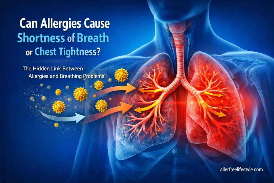 Medical illustration showing how allergies cause shortness of breath and chest tightness through airway inflammation, narrowed bronchi, and pollen exposure in the lungs