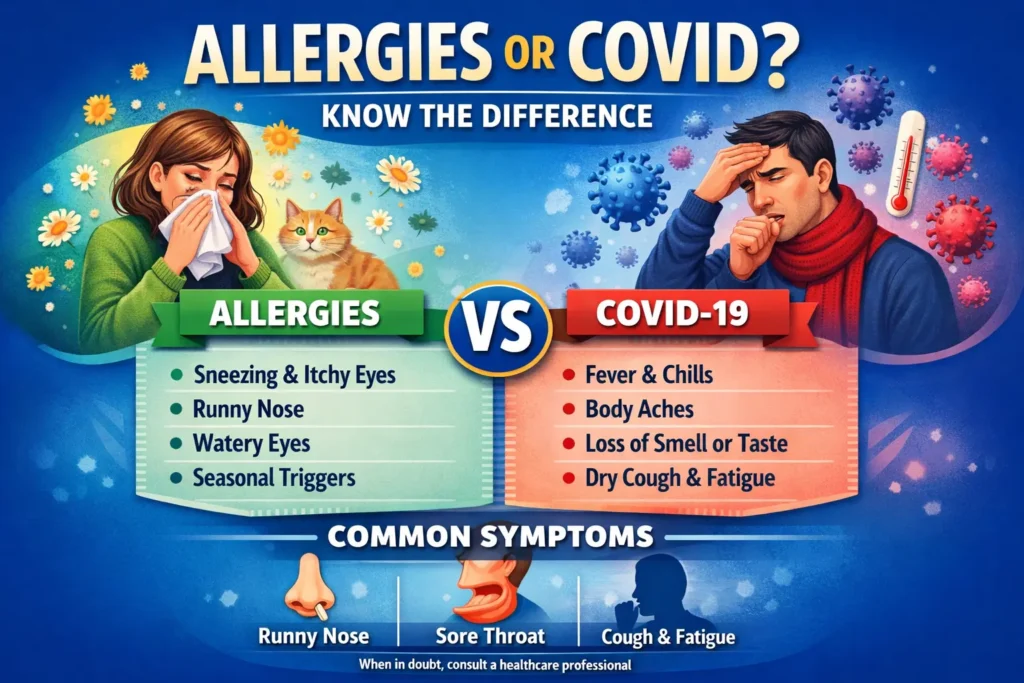 Visual guide comparing allergies vs COVID-19 symptoms, highlighting key differences such as itching, sneezing, fever, and loss of smell to help identify the correct condition.