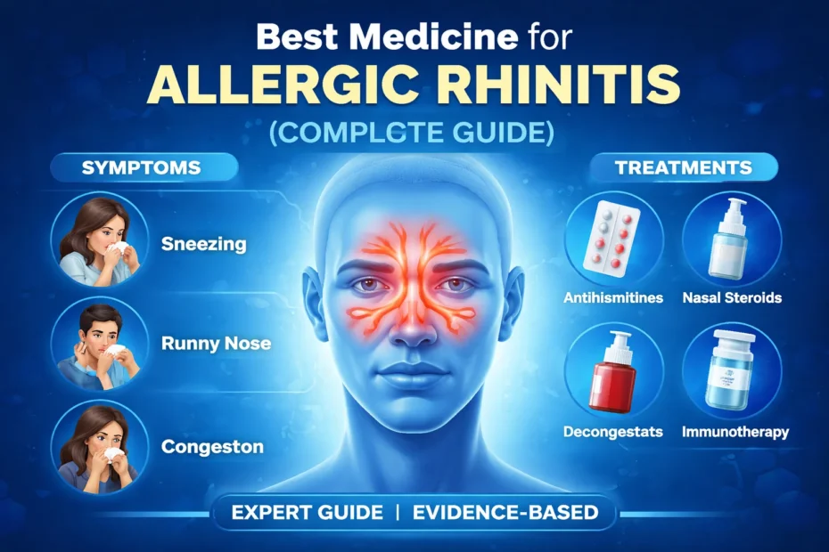 Best medicine for allergic rhinitis infographic showing symptoms, nasal inflammation, and treatment options like antihistamines and nasal sprays