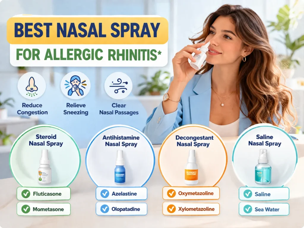 Best nasal spray for allergic rhinitis infographic showing steroid, antihistamine, decongestant and saline sprays with fluticasone, azelastine and oxymetazoline examples