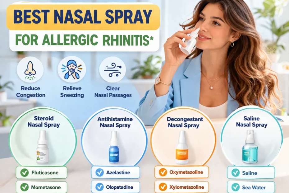 Best nasal spray for allergic rhinitis infographic showing steroid, antihistamine, decongestant and saline sprays with fluticasone, azelastine and oxymetazoline examples