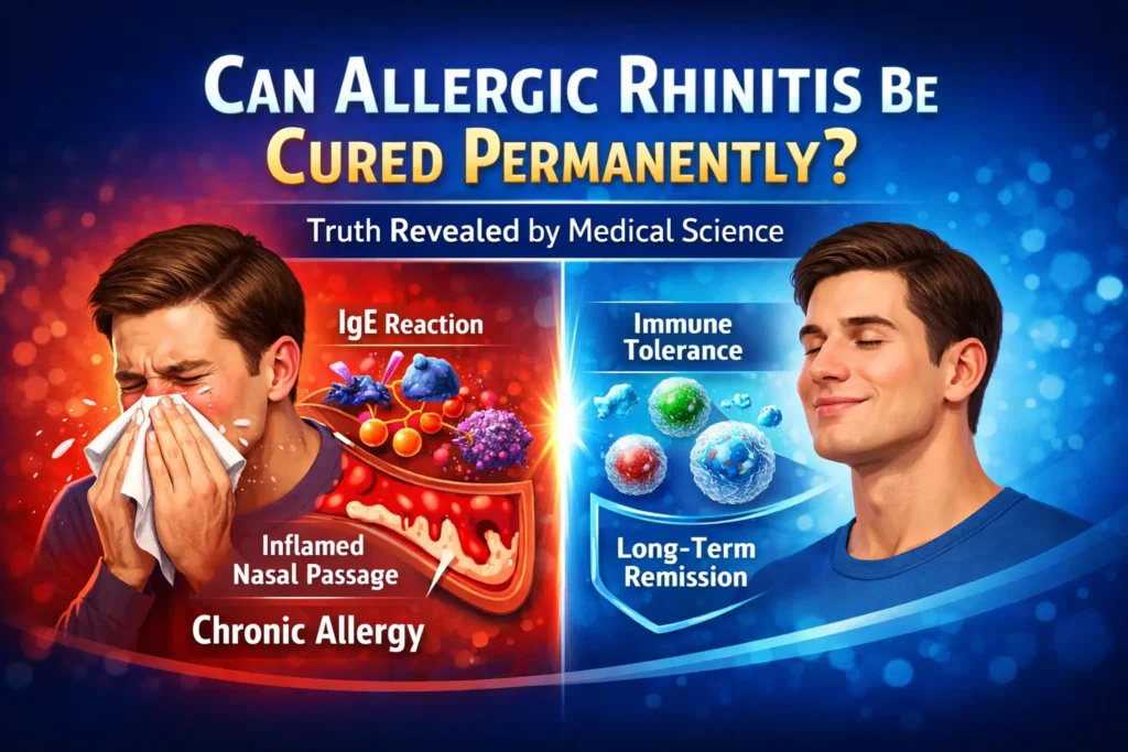 Medical infographic showing allergic rhinitis cure vs remission, IgE reaction, inflamed nasal passage, and immune tolerance leading to long-term relief