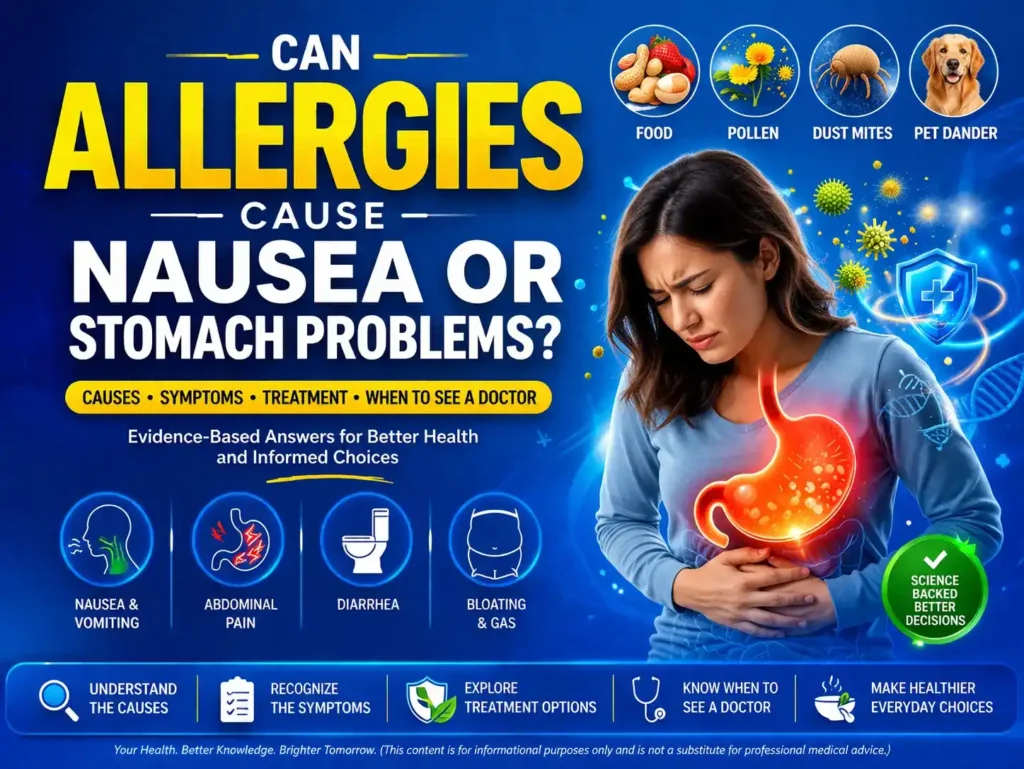 Can allergies cause nausea or stomach problems showing inflamed stomach, allergy triggers and digestive symptoms infographic