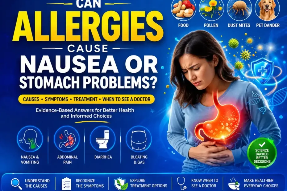 Can allergies cause nausea or stomach problems showing inflamed stomach, allergy triggers and digestive symptoms infographic