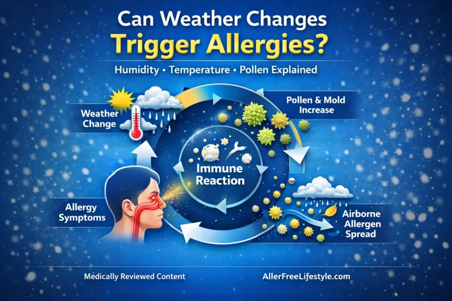 Infographic showing how weather changes trigger allergies through temperature, humidity, and pollen affecting immune response