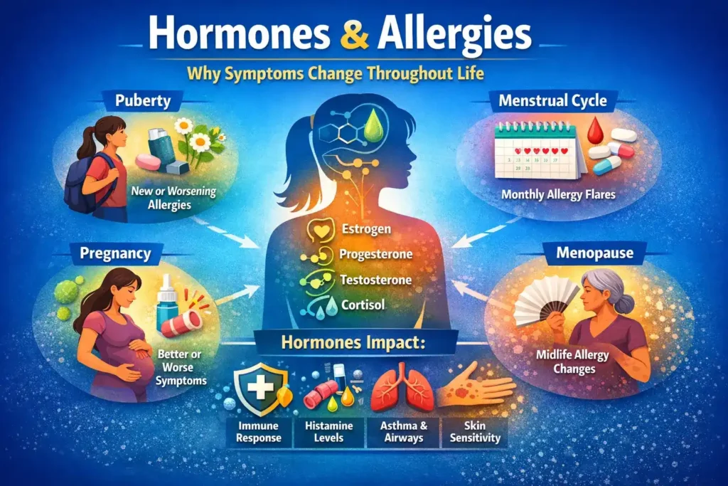 An infographic highlighting how hormones impact allergies during different life stages, with icons and visual elements representing hormonal shifts and immune responses.