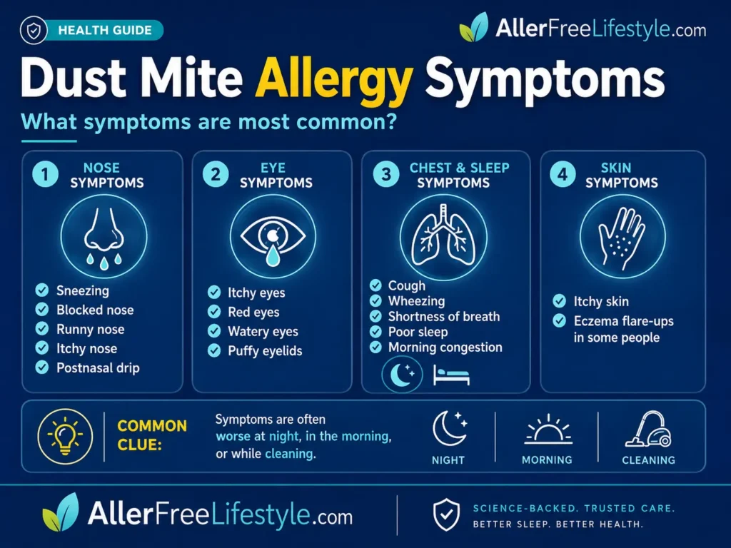 Dust mite allergy symptoms including sneezing blocked nose itchy eyes cough and poor sleep