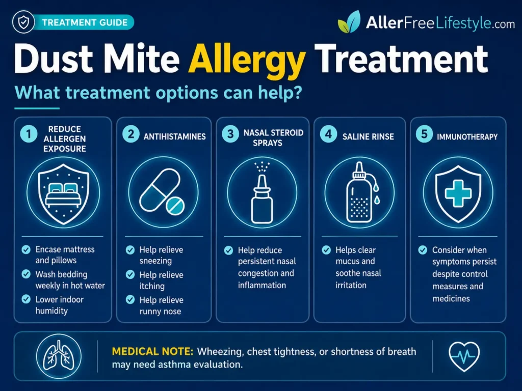 Dust mite allergy treatment options including allergen control antihistamines nasal sprays saline rinse and immunotherapy