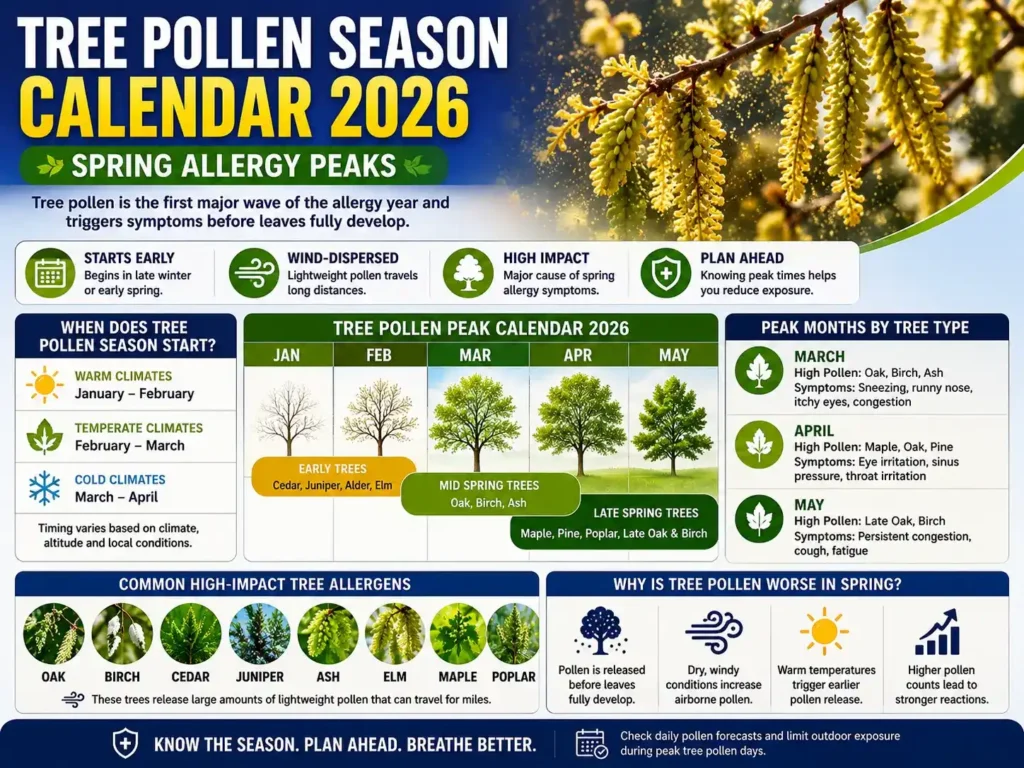 Tree pollen season calendar 2026 infographic showing spring allergy peak months for oak, birch, cedar, maple, elm, ash, and juniper pollen