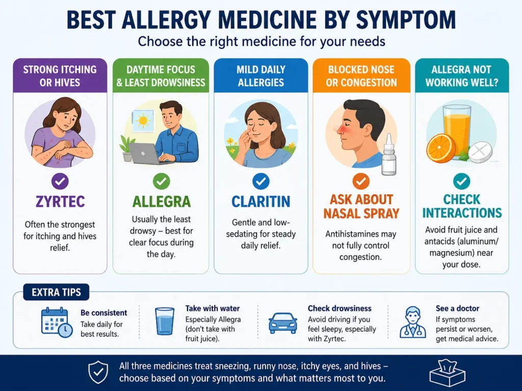 Best allergy medicine by symptom including hives, drowsiness, mild allergies, and blocked nose