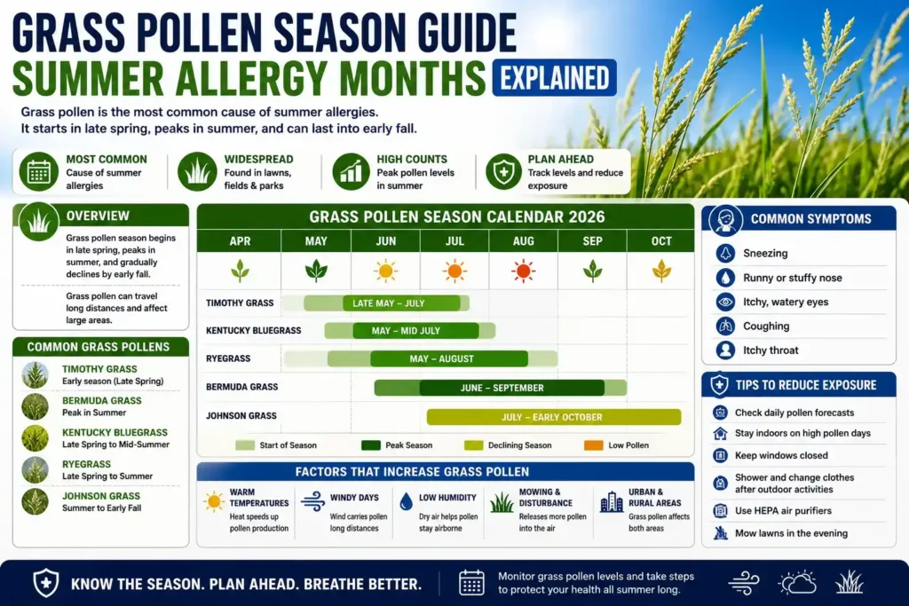 Grass pollen season guide infographic showing summer allergy peak months, common allergenic grasses, symptoms, and 2026 grass pollen calendar