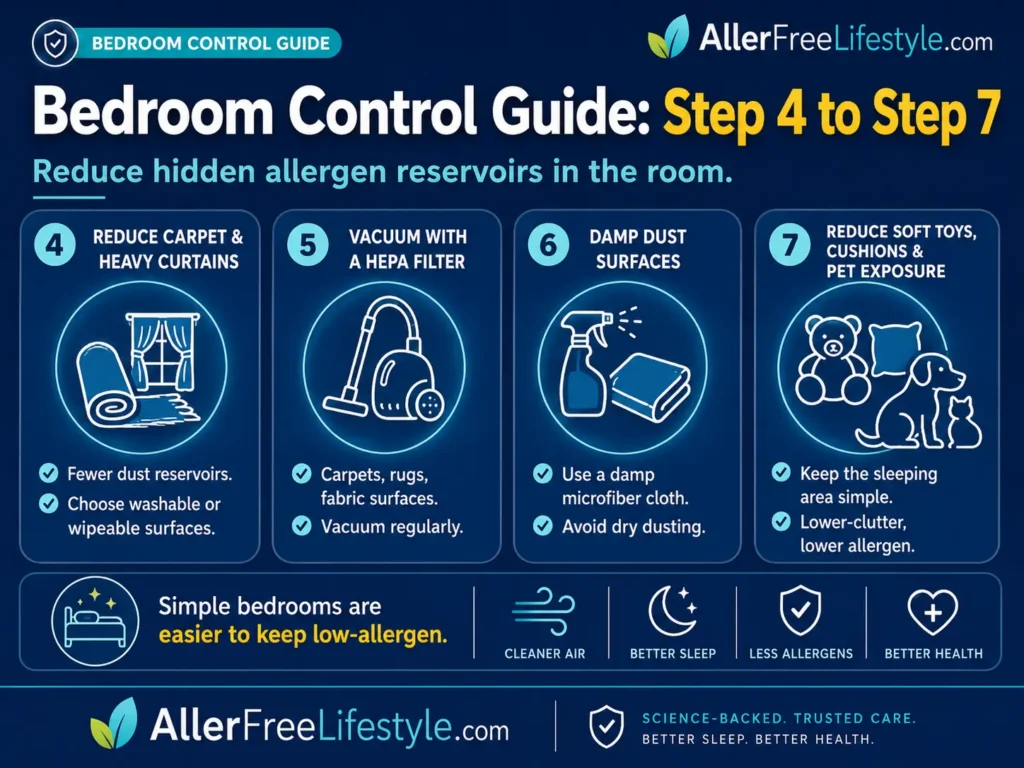 Dust mite allergy bedroom control steps for carpets HEPA vacuuming damp dusting soft toys cushions and pets