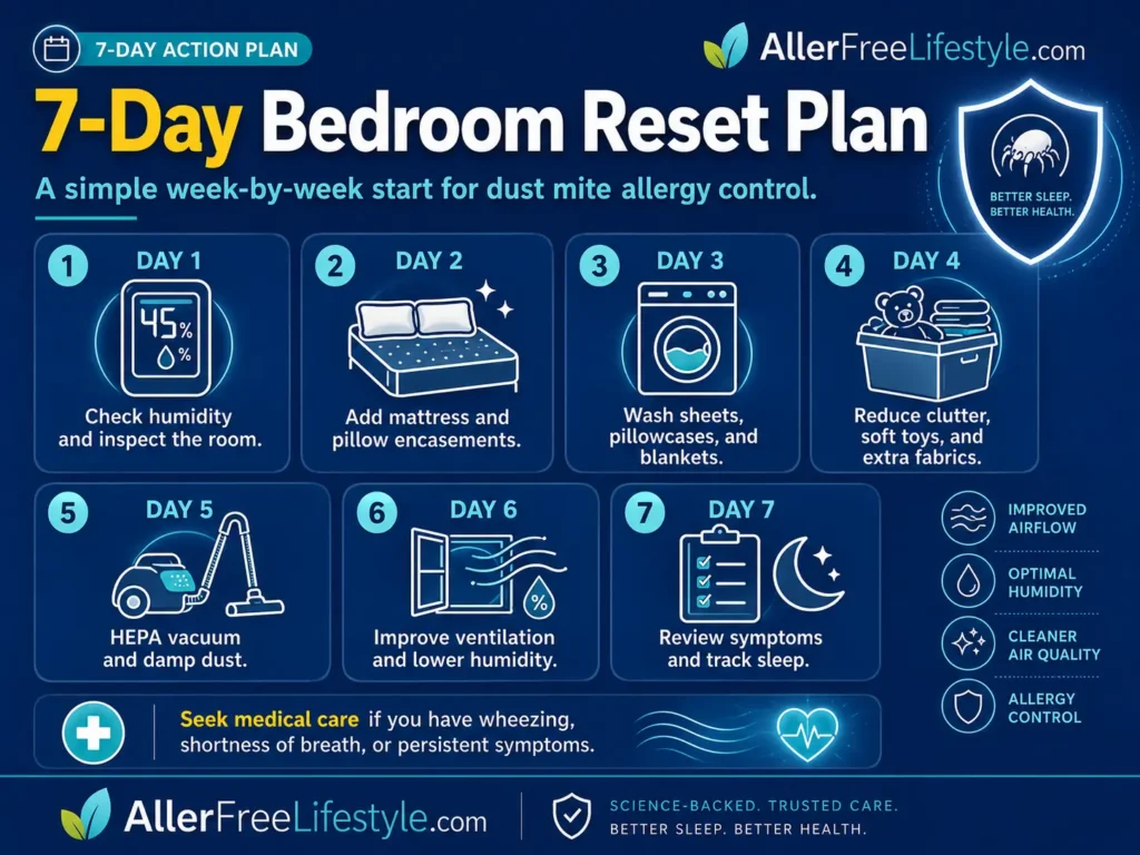 Seven day bedroom reset plan for dust mite allergy control including humidity bedding cleaning and symptom tracking
