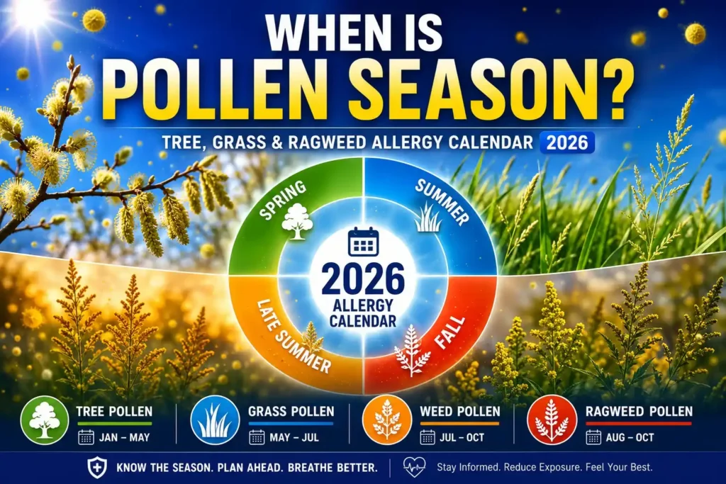 When Is Pollen Season 2026 hero infographic showing tree pollen, grass pollen, weed pollen, and ragweed allergy seasons by month with seasonal allergy calendar