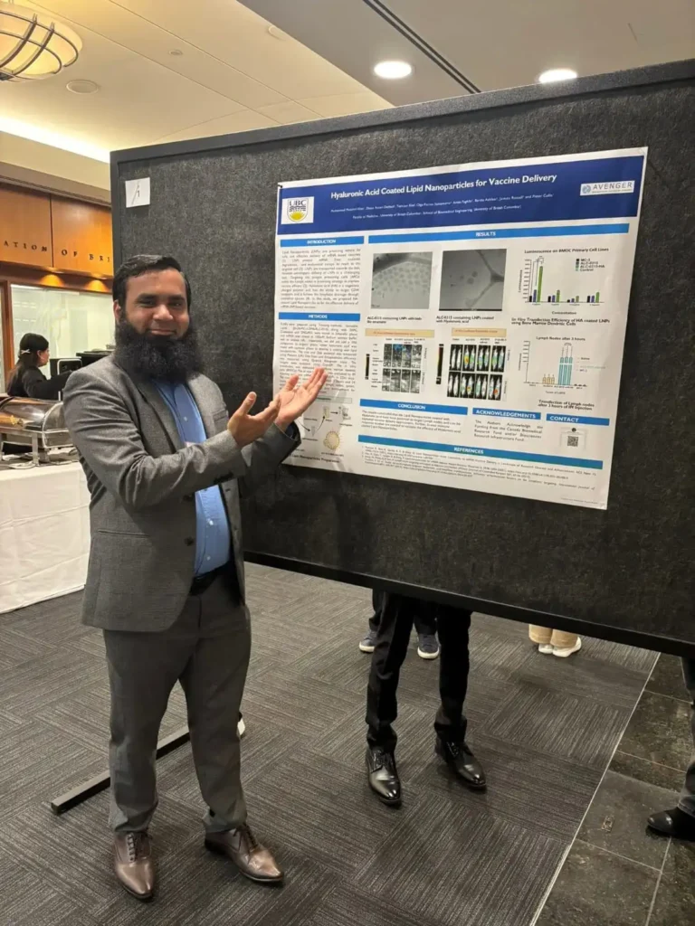 Dr. Muhammad Muzamil Khan, PhD in Pharmaceutics, presenting his research poster on hyaluronic acid coated lipid nanoparticles for vaccine delivery.
