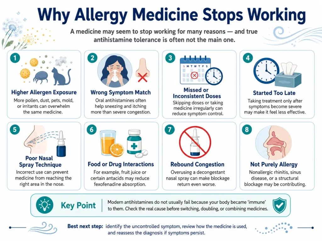 Infographic explaining why allergy medicine stops working, including higher allergen exposure, missed doses, poor nasal spray technique, drug interactions, rebound congestion, and nonallergic rhinitis.