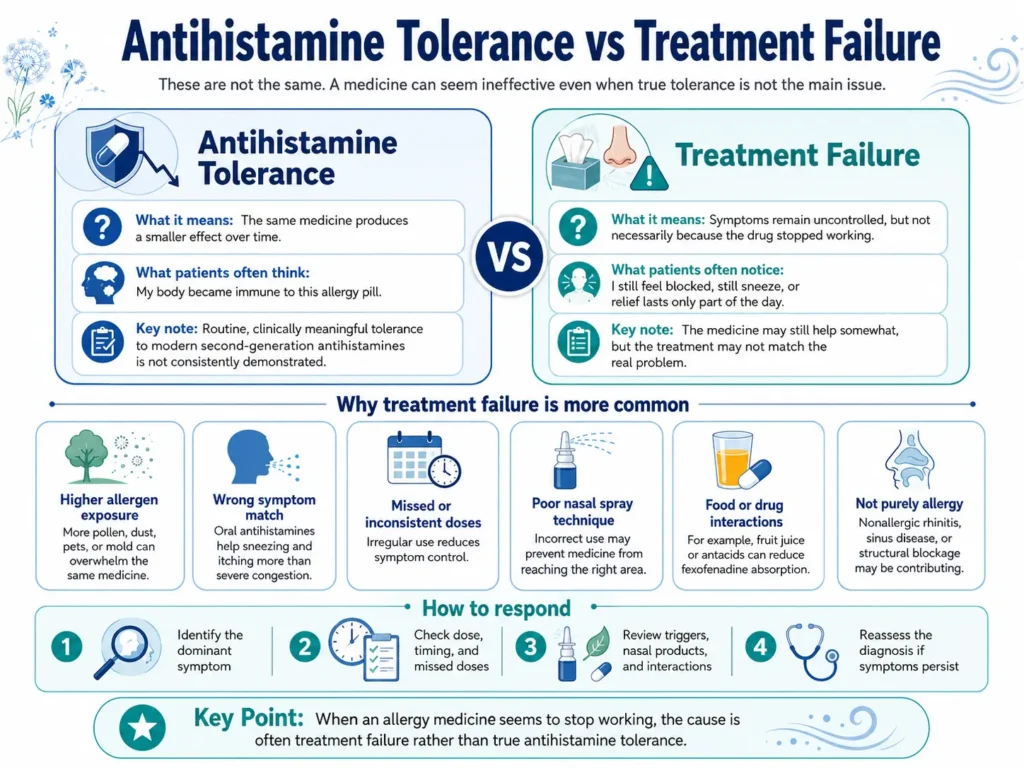 Infographic comparing antihistamine tolerance and treatment failure, showing why allergy medicine may seem ineffective and highlighting common causes such as wrong symptom match, missed doses, poor nasal spray technique, drug interactions, and nonallergic rhinitis.