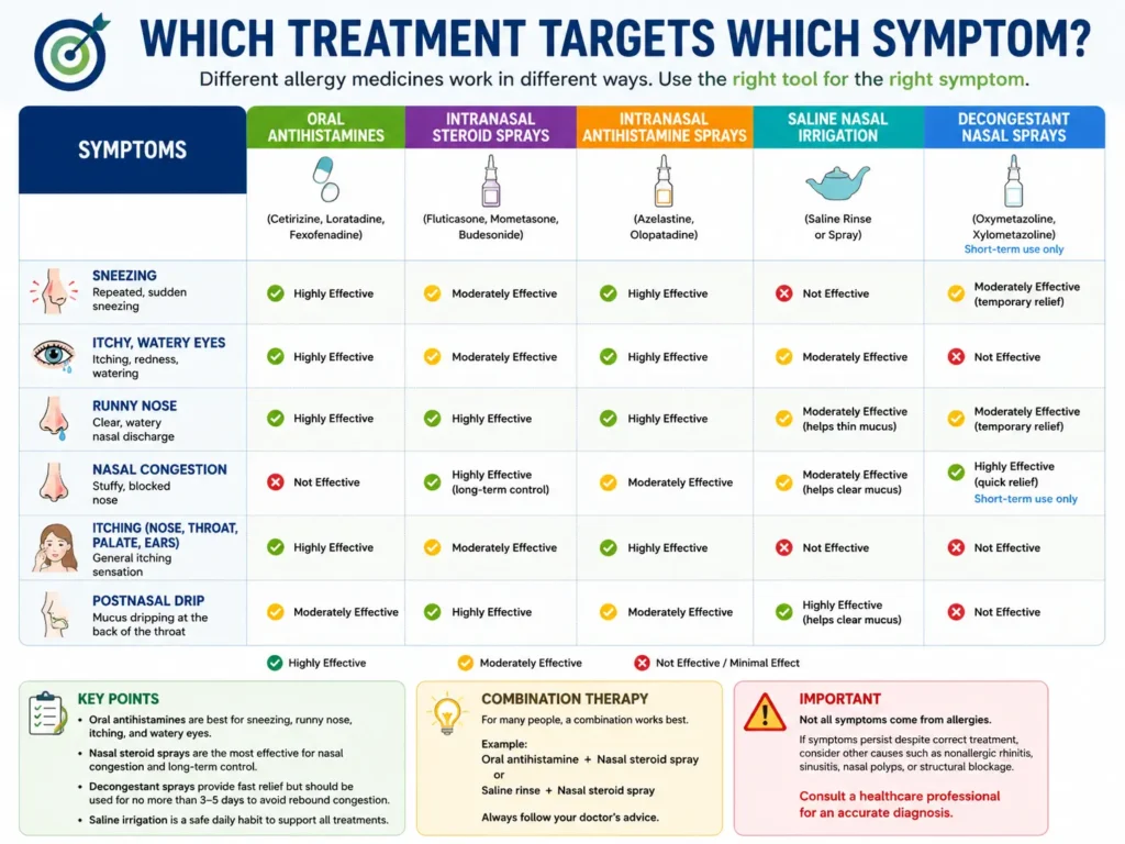 Infographic comparing which allergy treatments target which symptoms, including oral antihistamines, steroid nasal sprays, antihistamine nasal sprays, saline nasal irrigation, and decongestant nasal sprays for sneezing, itchy eyes, runny nose, congestion, itching, and postnasal drip.