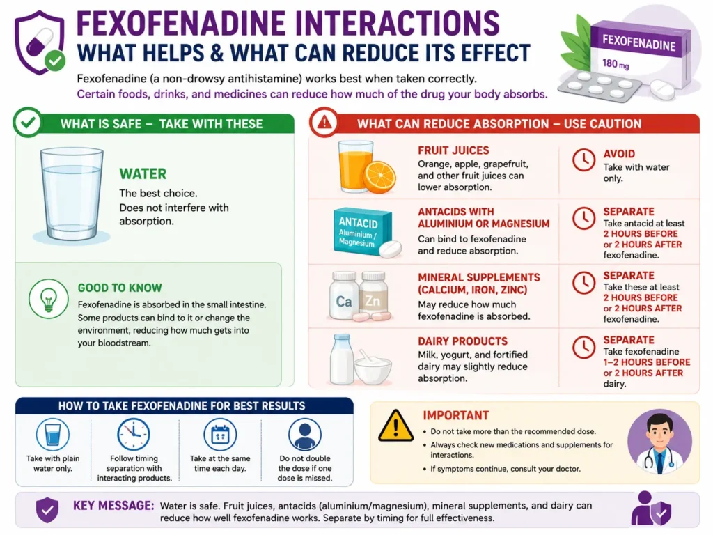 Infographic showing fexofenadine interactions with fruit juices, aluminium or magnesium antacids, mineral supplements, and dairy products, explaining what can reduce absorption and how to take fexofenadine correctly with water.