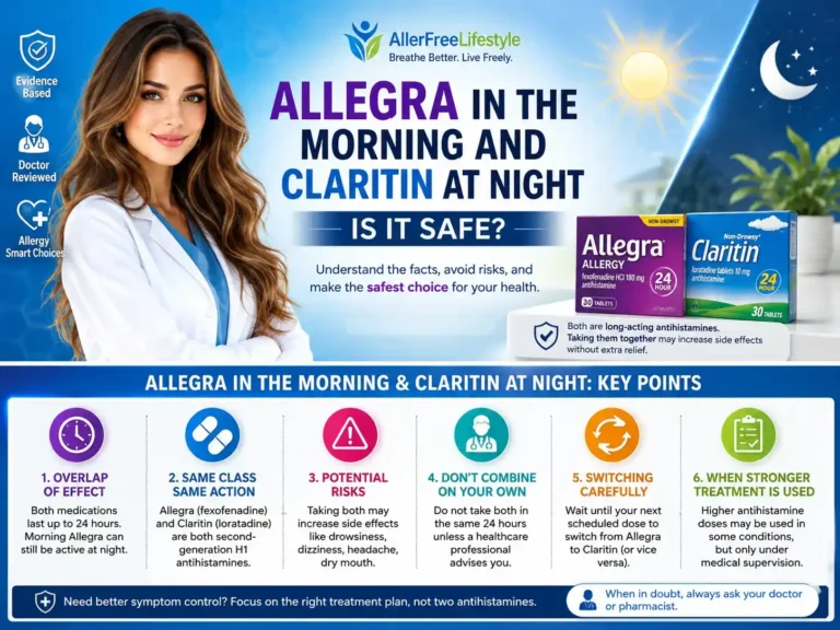 Infographic explaining Allegra and Claritin dose overlap, same-day use, side effects and safe switching guidance