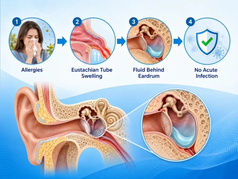 Infographic showing allergies, Eustachian tube swelling, fluid behind the eardrum and no acute infection