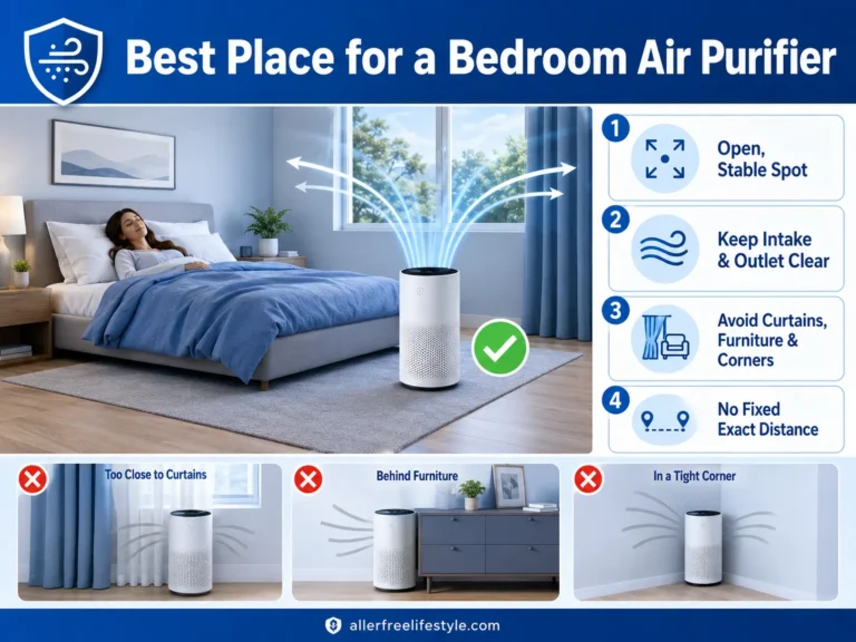 Infographic showing the best place for a bedroom air purifier and where to avoid placing it