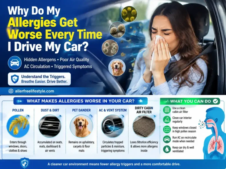 Infographic showing car allergy triggers including pollen, dust, pet dander, air vents and a dirty cabin air filter