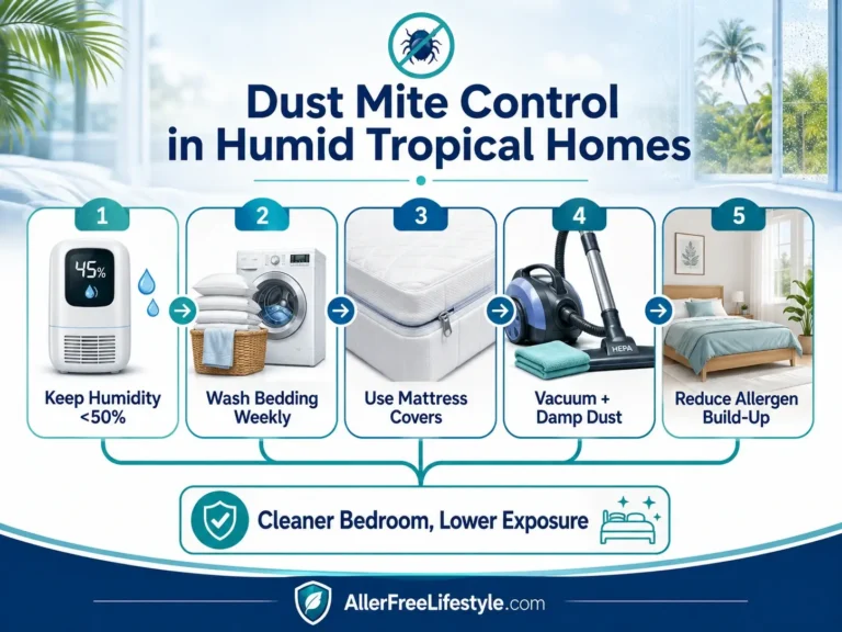 Infographic showing humidity control, bedding washing, mattress covers and HEPA cleaning for dust mites