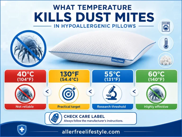 About 130°F is a reasonable practical target, but it should not be interpreted as an exact biological cut-off. The difference between 54.4°C and 55°C is only 0.6°C. In the classic laundering experiment, all tested mites were killed at 55°C or greater (1). Real-world washing is more complex than simply reading the temperature setting. The actual heat reaching the pillow can be influenced by the washing machine, cycle duration, water volume, load size, and the thickness of the item being washed. For that reason, it is more accurate to think of approximately 55°C and above as the evidence-supported range, rather than suggesting that one exact degree guarantees the same outcome in every washing machine and every pillow.