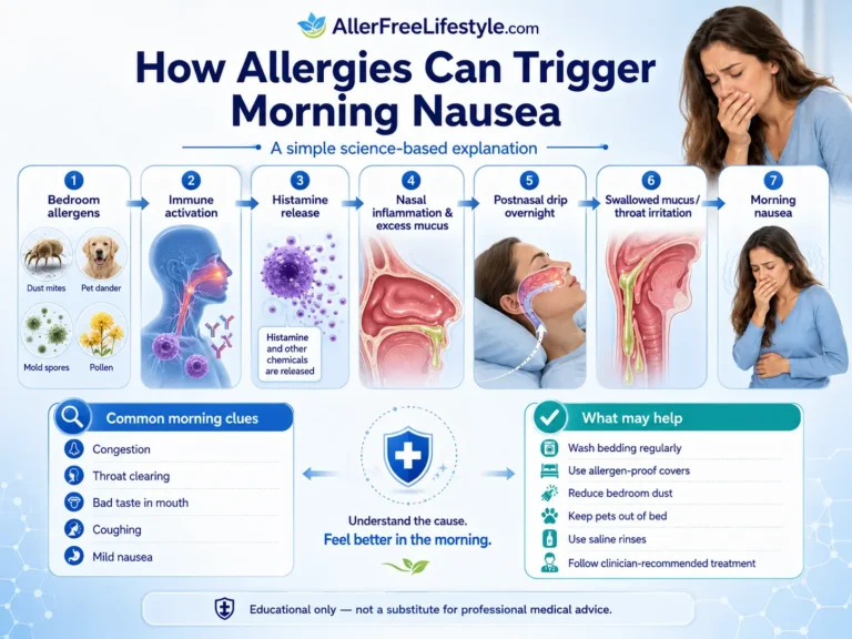 Infographic showing how allergens trigger histamine, nasal inflammation, postnasal drip and morning nausea