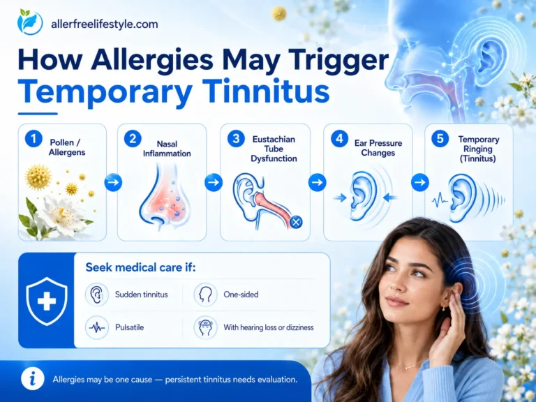 Infographic showing how pollen allergies may lead to nasal inflammation, Eustachian tube dysfunction, ear pressure changes, and temporary tinnitus