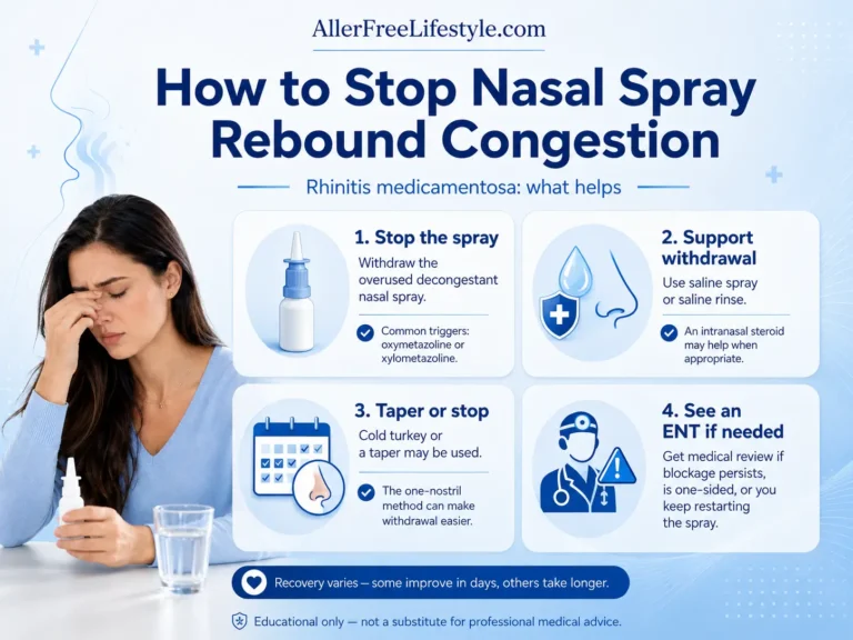 Infographic showing how to stop nasal spray rebound congestion and support Afrin withdrawal