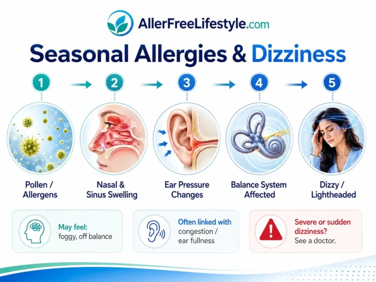 Infographic showing how seasonal allergies may affect sinus pressure, ear pressure and balance