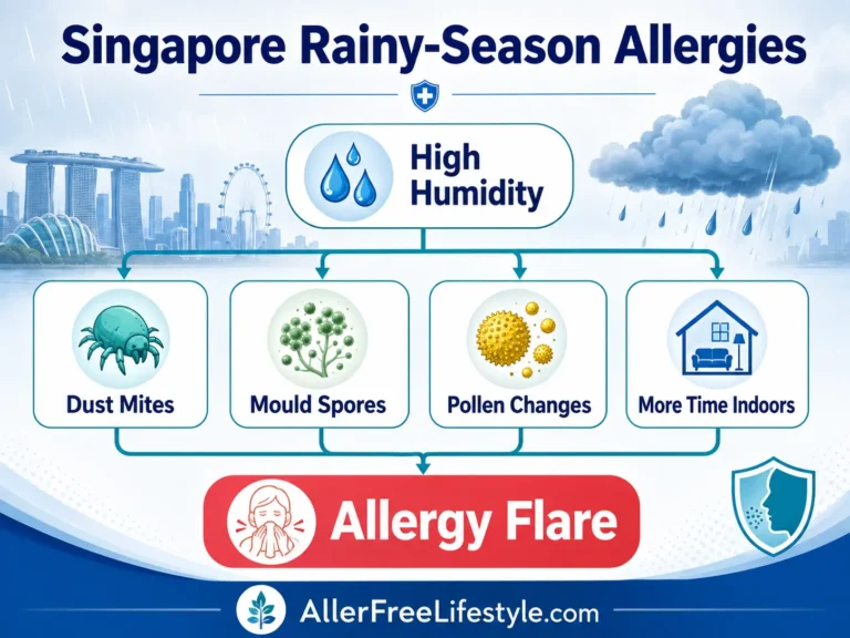 Singapore rainy season allergy infographic showing humidity, dust mites, mould and pollen