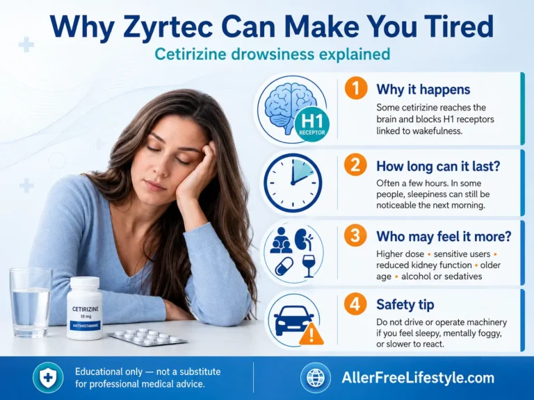 Infographic explaining why Zyrtec causes drowsiness, how long it lasts, and driving safety