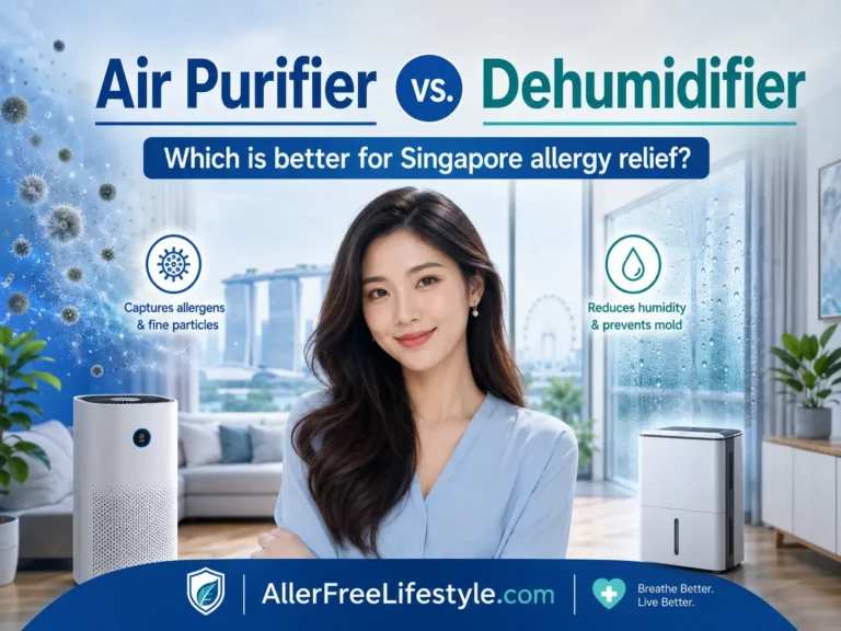 Woman comparing air purifier and dehumidifier for allergy relief in Singapore