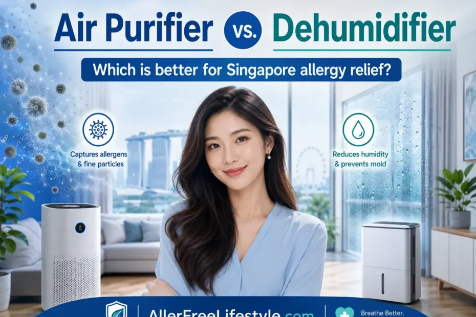 Woman comparing air purifier and dehumidifier for allergy relief in Singapore