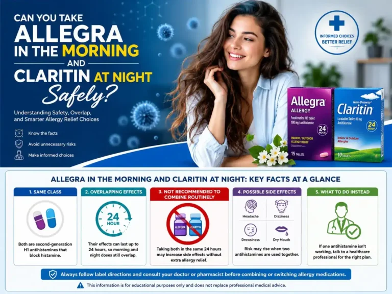 Woman with Allegra and Claritin illustrating whether the two antihistamines can be taken morning and night safely