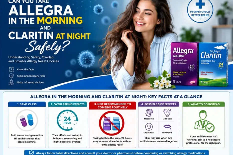 Woman with Allegra and Claritin illustrating whether the two antihistamines can be taken morning and night safely