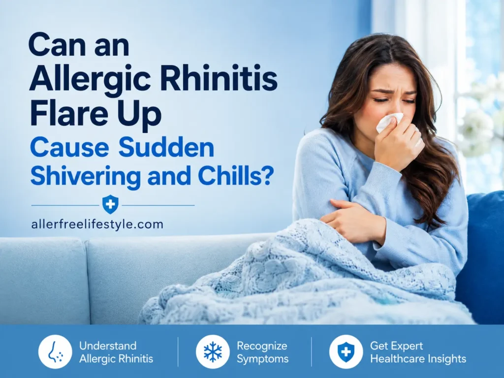 Woman with allergic rhinitis holding a tissue and feeling cold and shaky during a flare-up