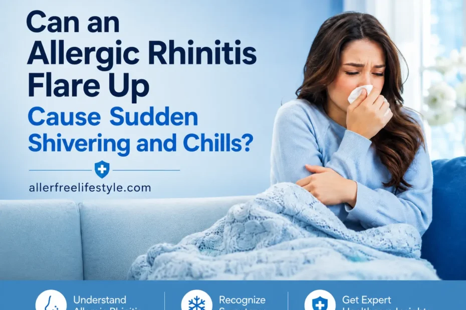 Woman with allergic rhinitis holding a tissue and feeling cold and shaky during a flare-up