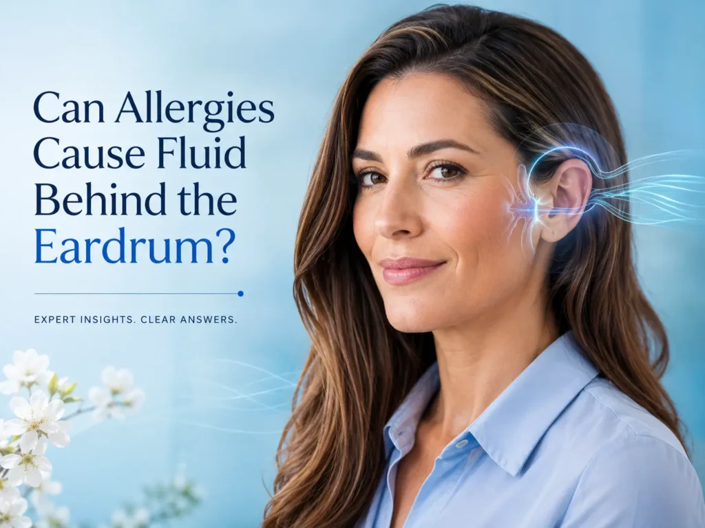Woman illustrating allergy-related fluid behind the eardrum without an acute ear infection