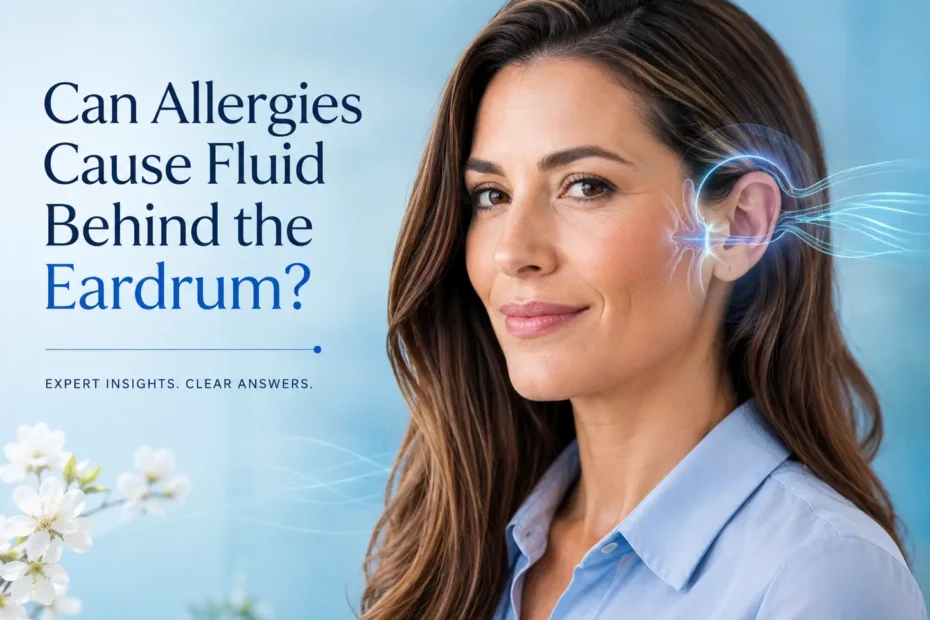 Woman illustrating allergy-related fluid behind the eardrum without an acute ear infection