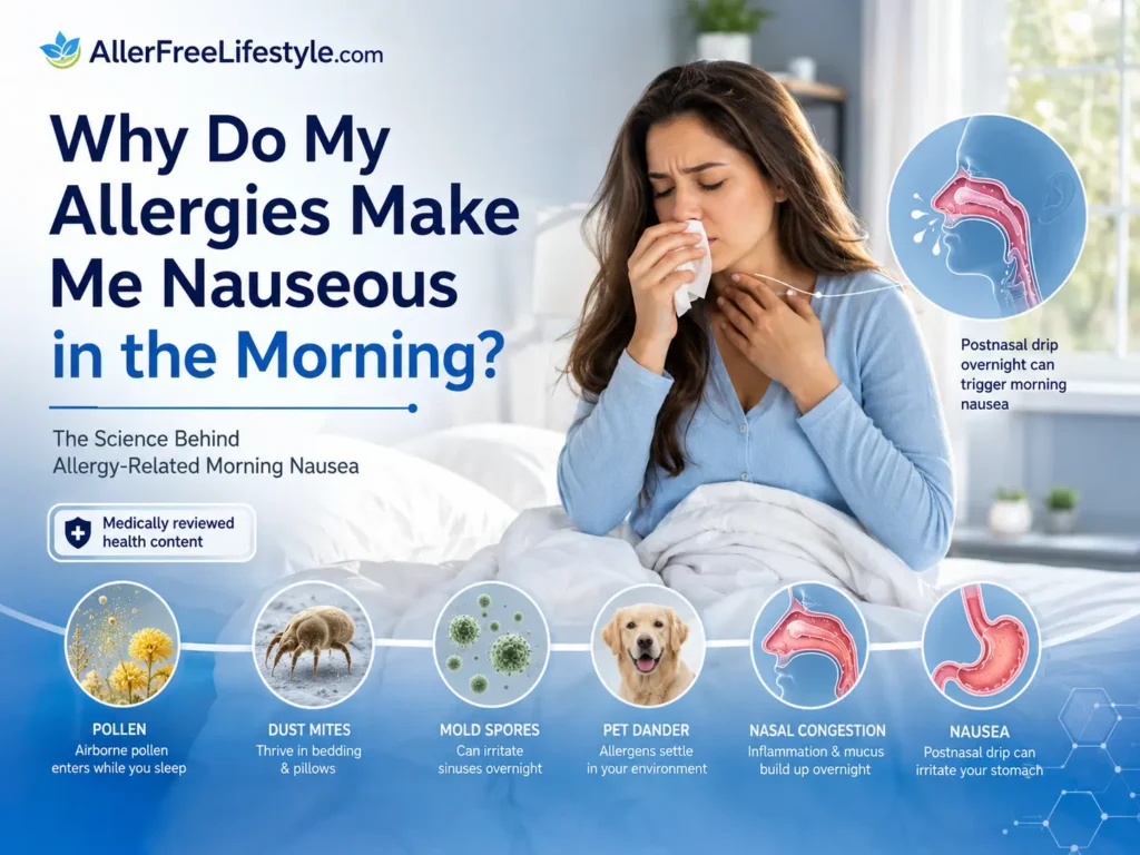 Woman waking with allergy symptoms and morning nausea caused by postnasal drip