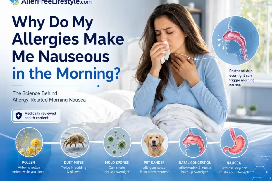 Woman waking with allergy symptoms and morning nausea caused by postnasal drip