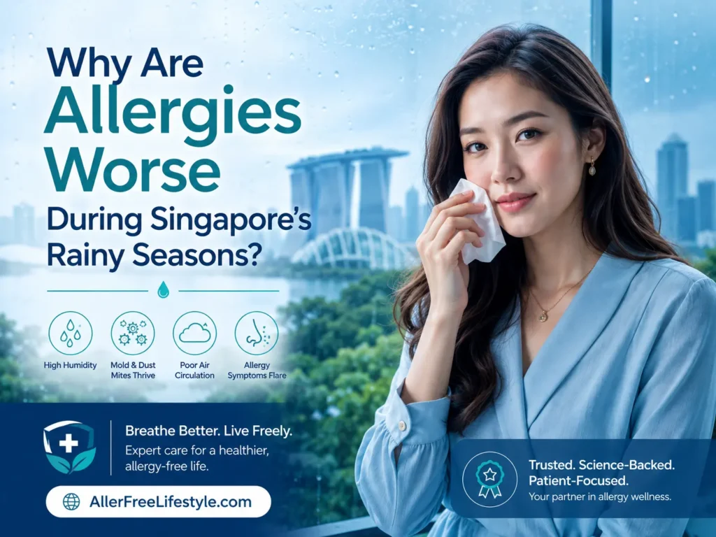 Woman experiencing allergies during Singapore’s rainy season and humid weather